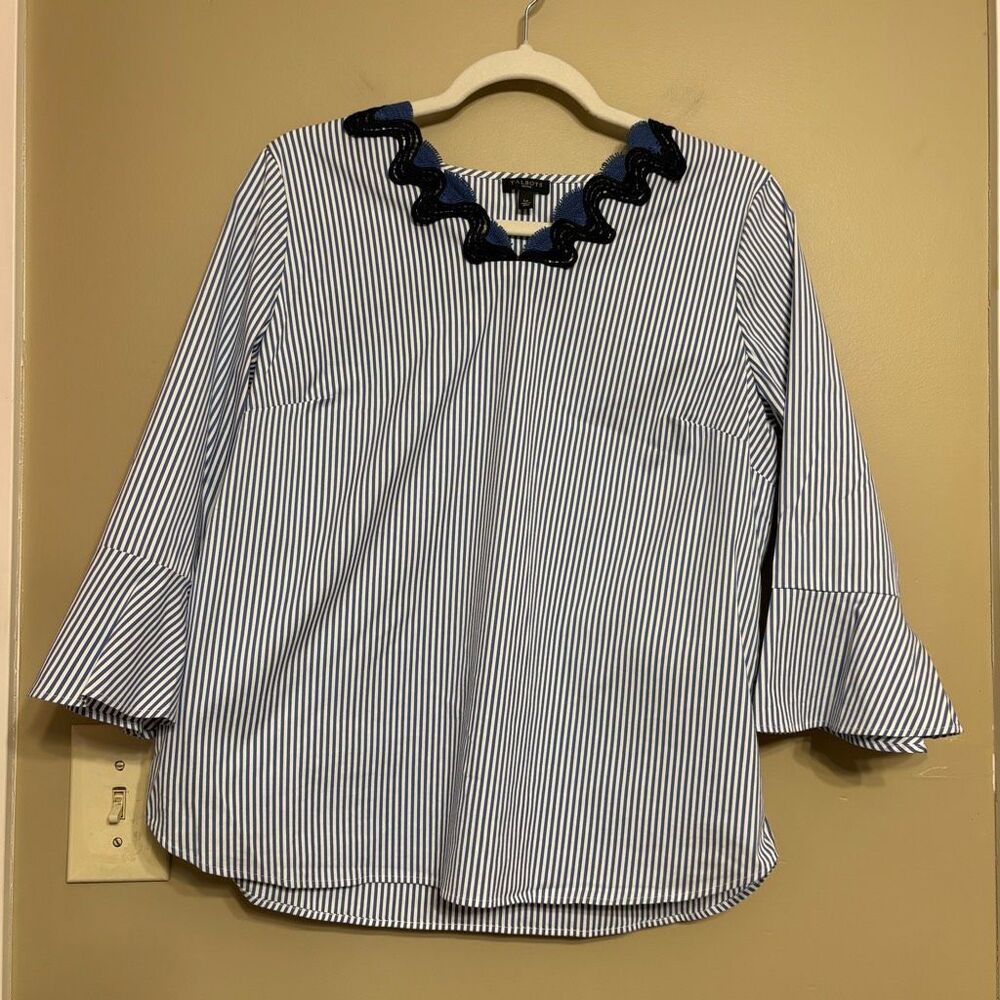 Talbots Rickrack-Trim Flounce Sleeve Blue White Stripe Blouse Petite Large